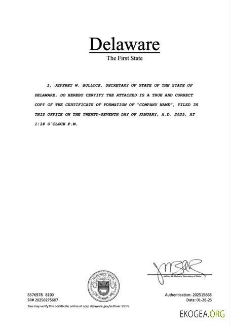 Modèle Word et PDF de certificat d'enregistrement aux États Unis dans le Delaware